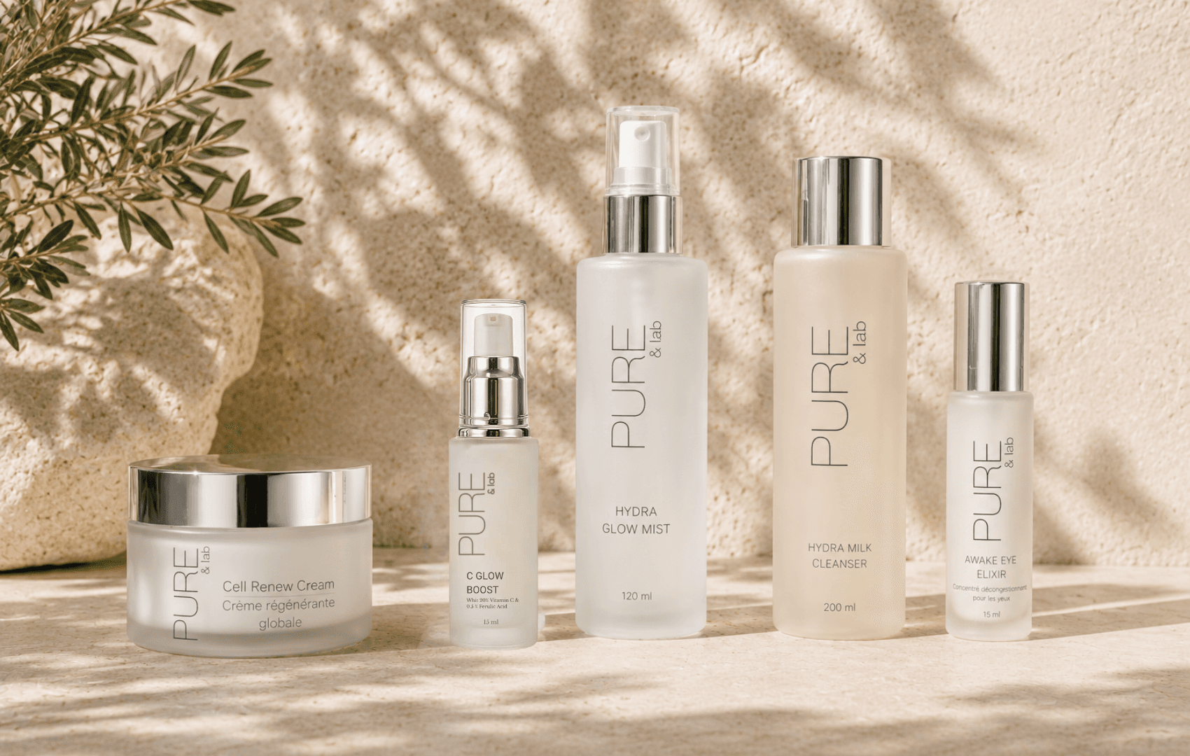 La gamme Pure & Lab : nettoyant, brume, sérums, crème régénérante et soin contour des yeux