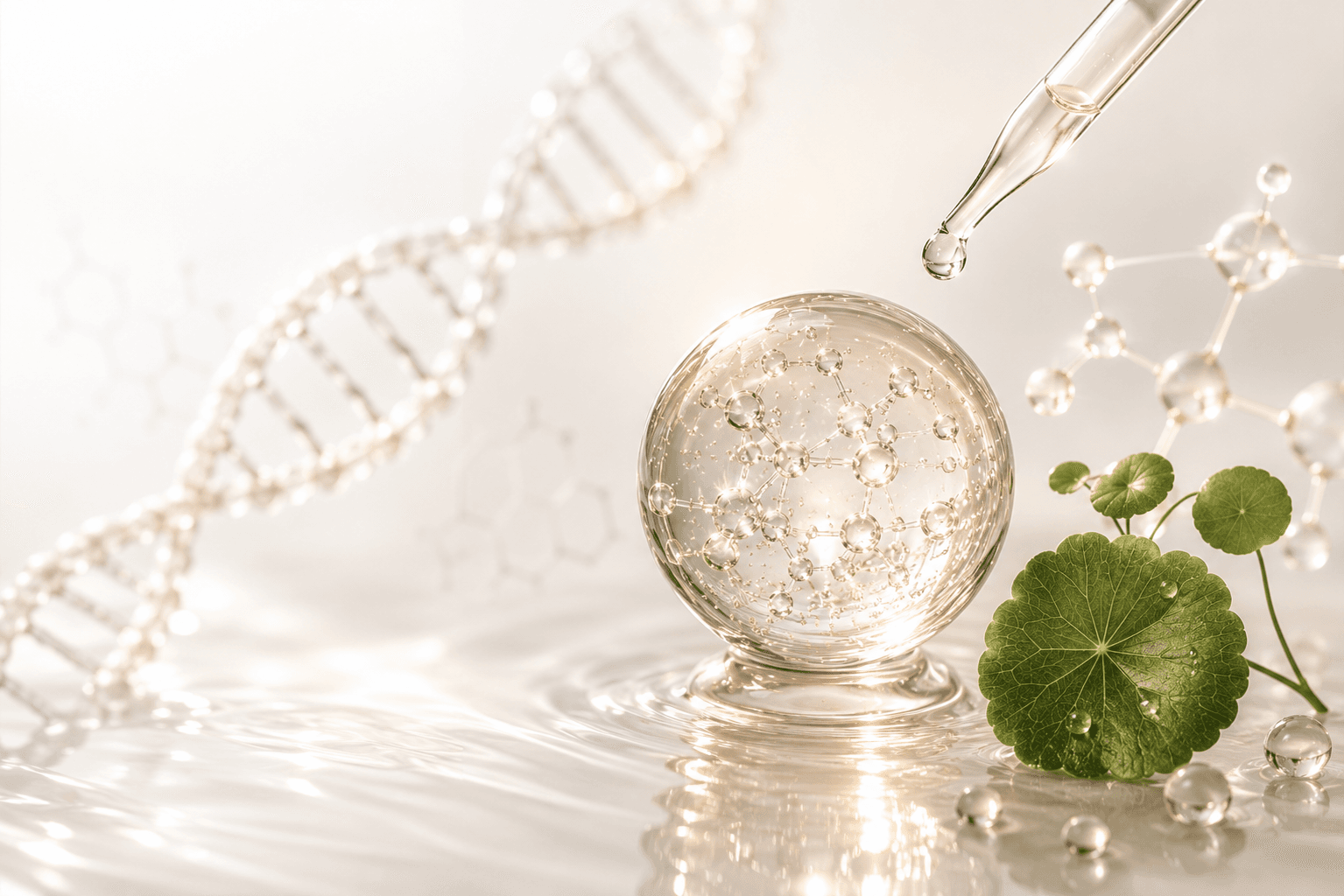 Goutte de sérum, hélice d’ADN et feuille de Centella asiatica